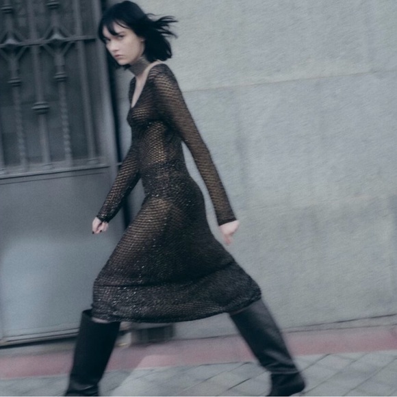 Zara Dresses & Skirts - New Zara Knit Midi Black Dress with Metallic Silver Thread 8146/107 Small
